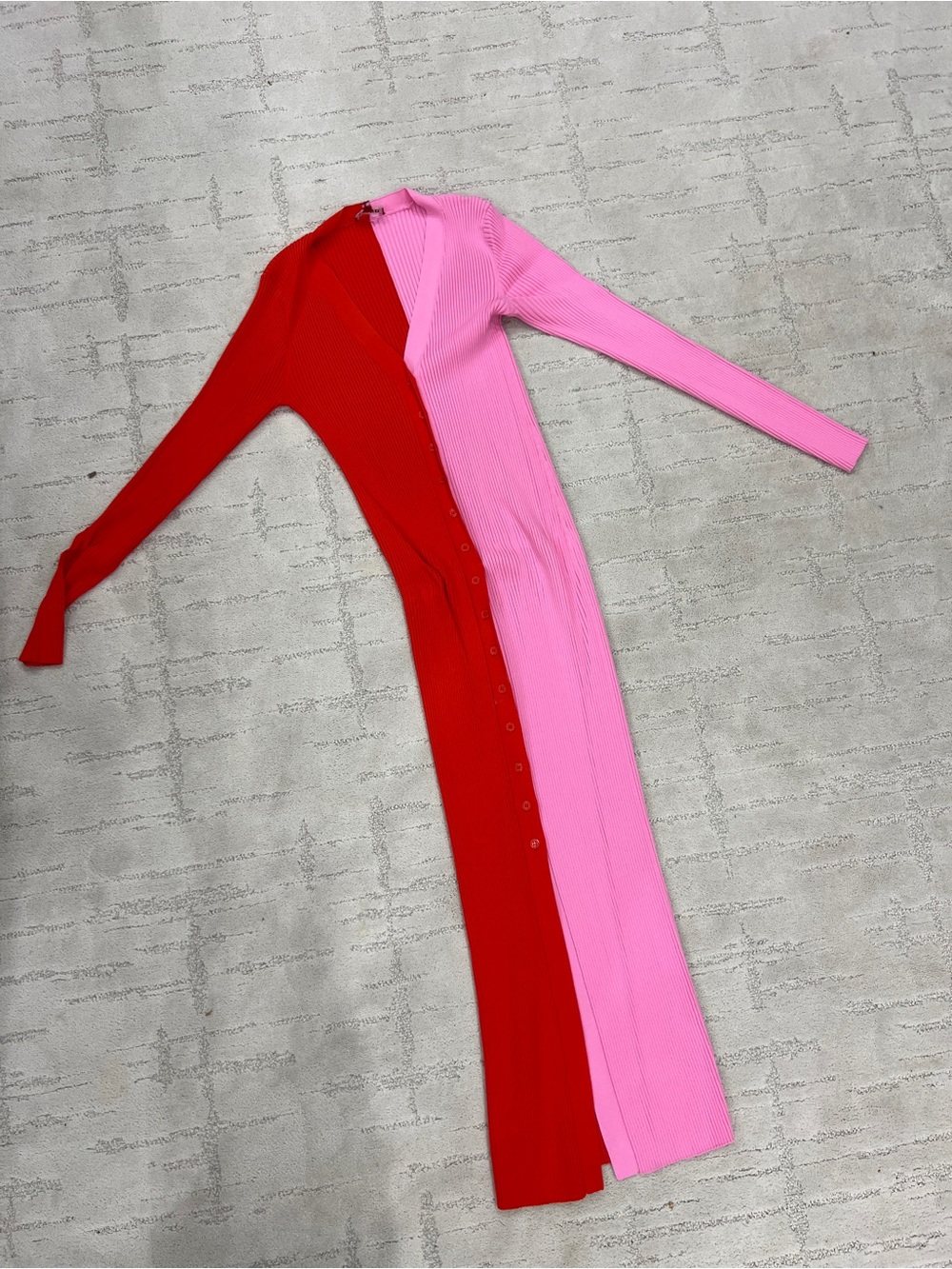 STAUD Two-Tone Ribbed Button-Down Maxi Dress in Red & Pink